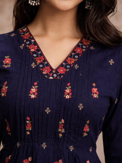 Navy Blue Mul Cotton Anarkali Set with Floral Embroidery – Festive Wear