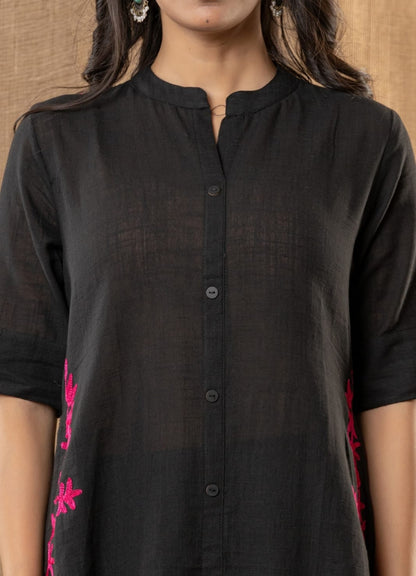 Black Cotton Slub Kurta and Palazzo Set with Pink Floral Embroidery