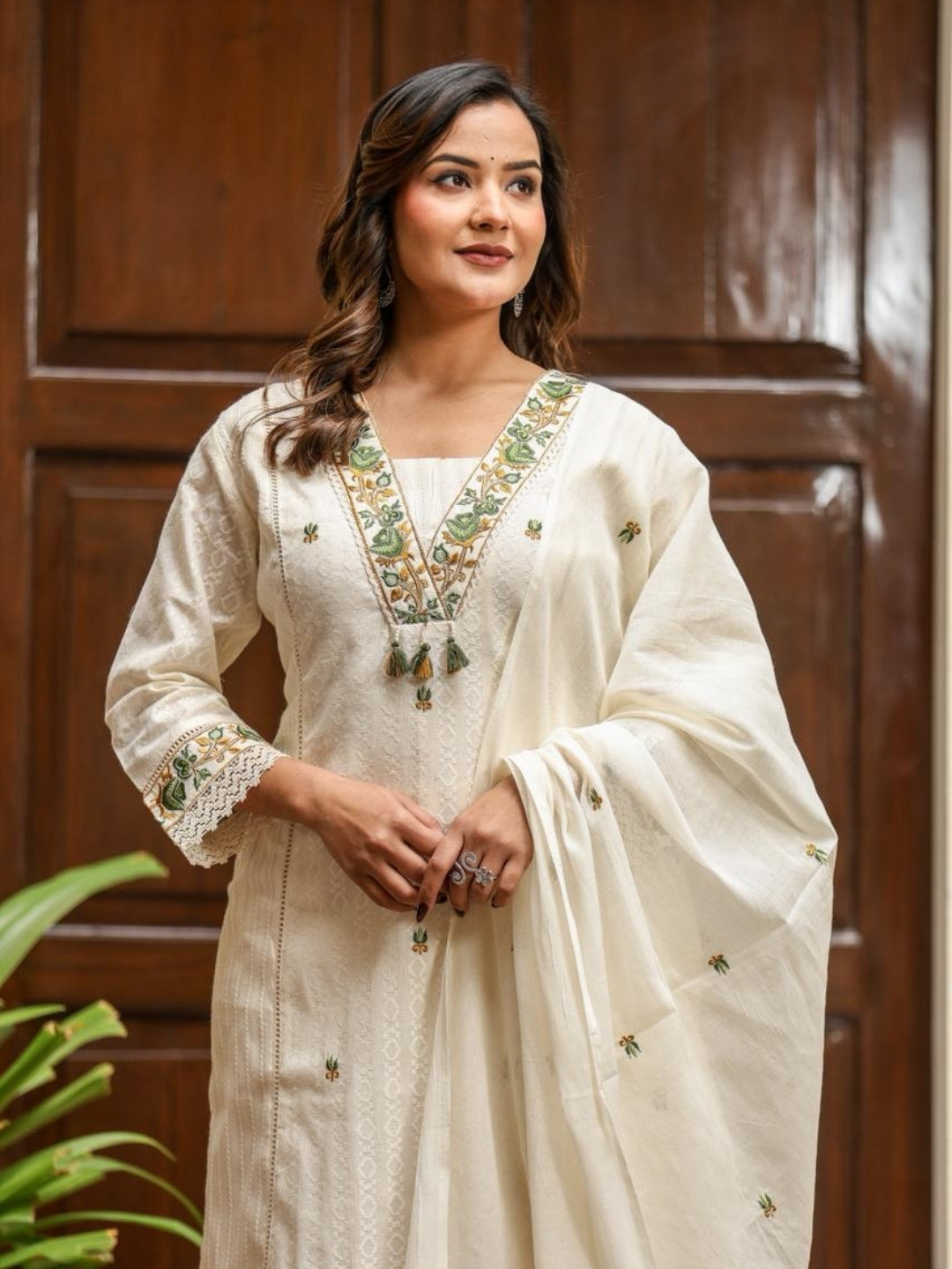 Off White Cotton Kurta Set with Green Embroidery and Dupatta – Ethnic Wear