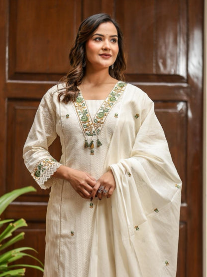 Off White Cotton Kurta Set with Green Embroidery and Dupatta – Ethnic Wear
