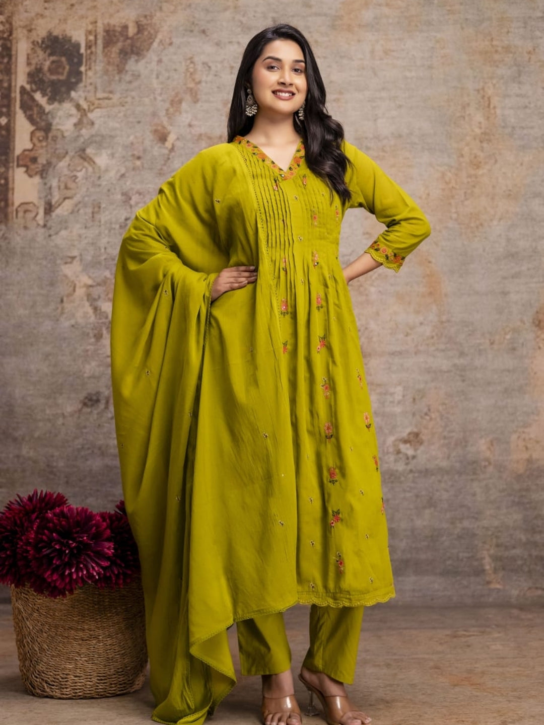 Mustard Green Mul Cotton Anarkali Set with Floral Embroidery – Festive Wear