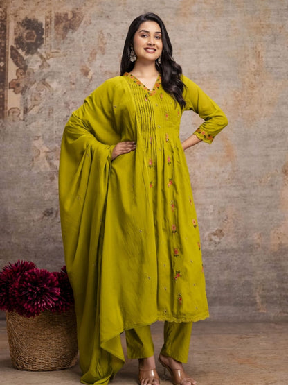 Mustard Green Mul Cotton Anarkali Set with Floral Embroidery – Festive Wear