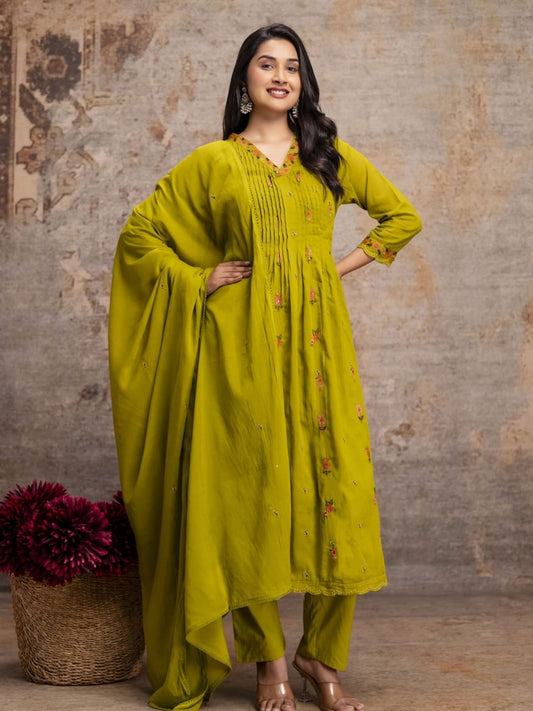 Mustard Green Mul Cotton Anarkali Set with Floral Embroidery – Festive Wear