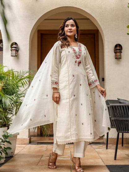 Off White Cotton Kurta Set with Red Embroidery and Dupatta – Ethnic Wear