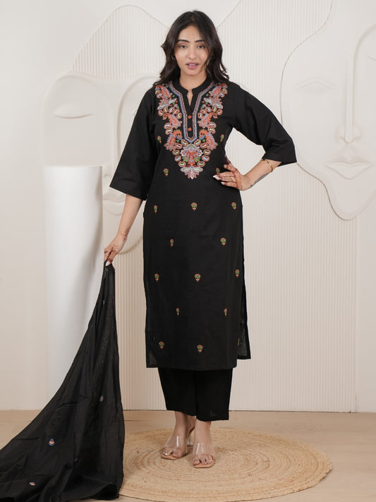 Black Embroidered Cotton Flex Kurta Palazzo Set with Dupatta