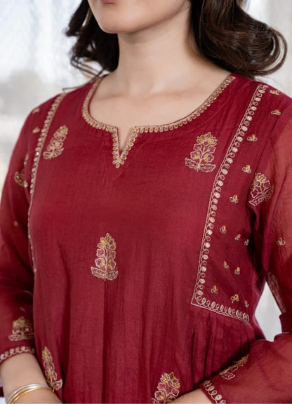 Maroon Mul Chanderi Embroidered Anarkali Suit Set with Dupatta – Festive & Occasion Wear