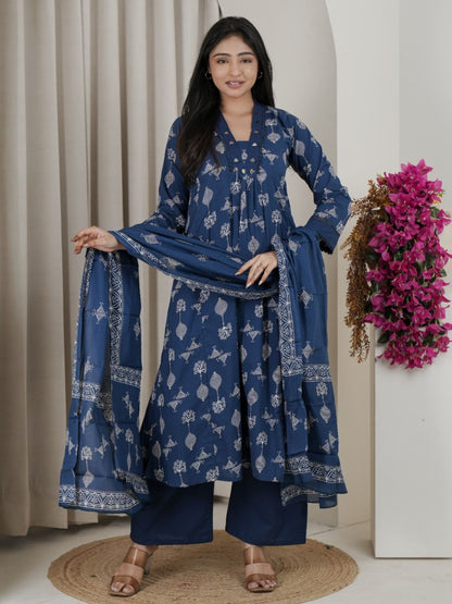 Indigo Blue Jaipuri Cotton A-Line Kurta Set with Ethnic Motifs