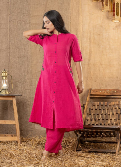 Magenta Cotton Slub Kurta Set with Grey Floral Embroidery