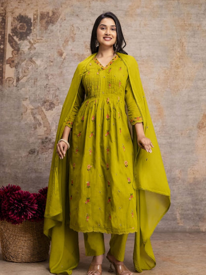 Mustard Green Mul Cotton Anarkali Set with Floral Embroidery – Festive Wear
