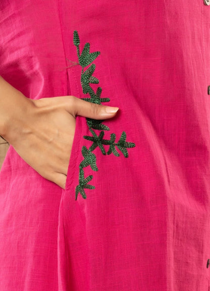 Magenta Cotton Slub Kurta Set with Grey Floral Embroidery