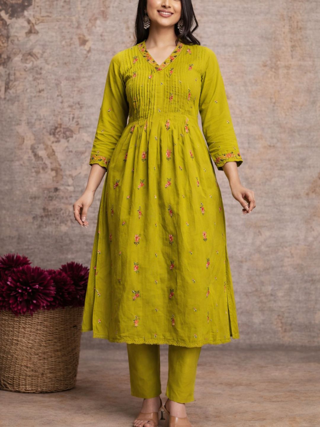 Mustard Green Mul Cotton Anarkali Set with Floral Embroidery – Festive Wear