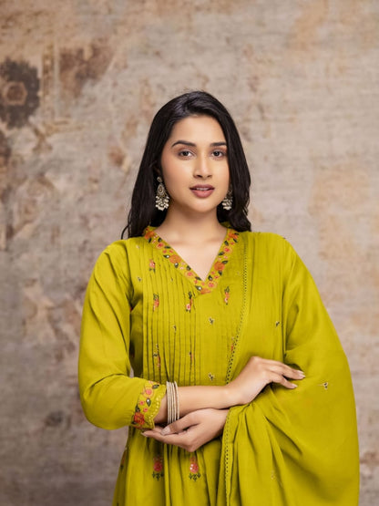 Mustard Green Mul Cotton Anarkali Set with Floral Embroidery – Festive Wear