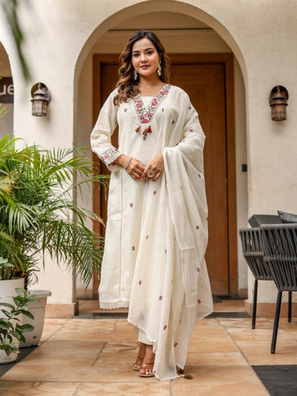 Off White Cotton Kurta Set with Red Embroidery and Dupatta – Ethnic Wear