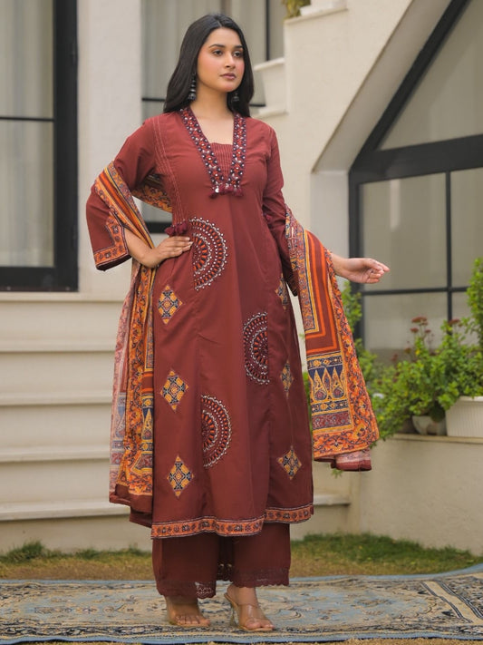 Rust Maroon Pure Cotton A-Line Kurta Set with Applique Work and Mirror Embroidery
