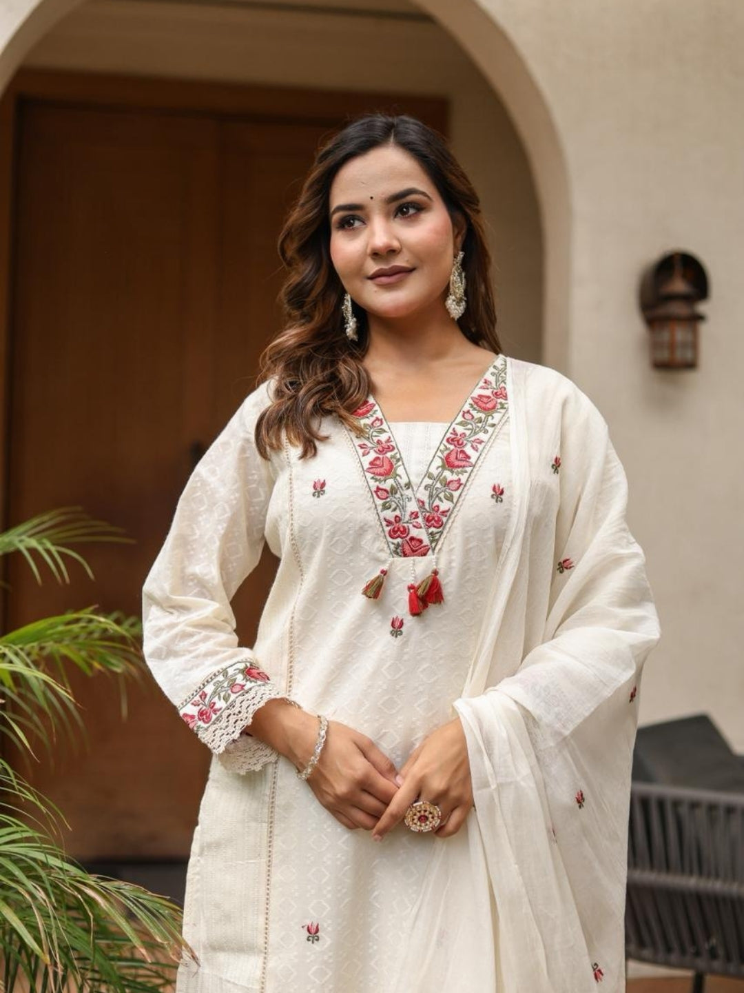 Off White Cotton Kurta Set with Red Embroidery and Dupatta – Ethnic Wear