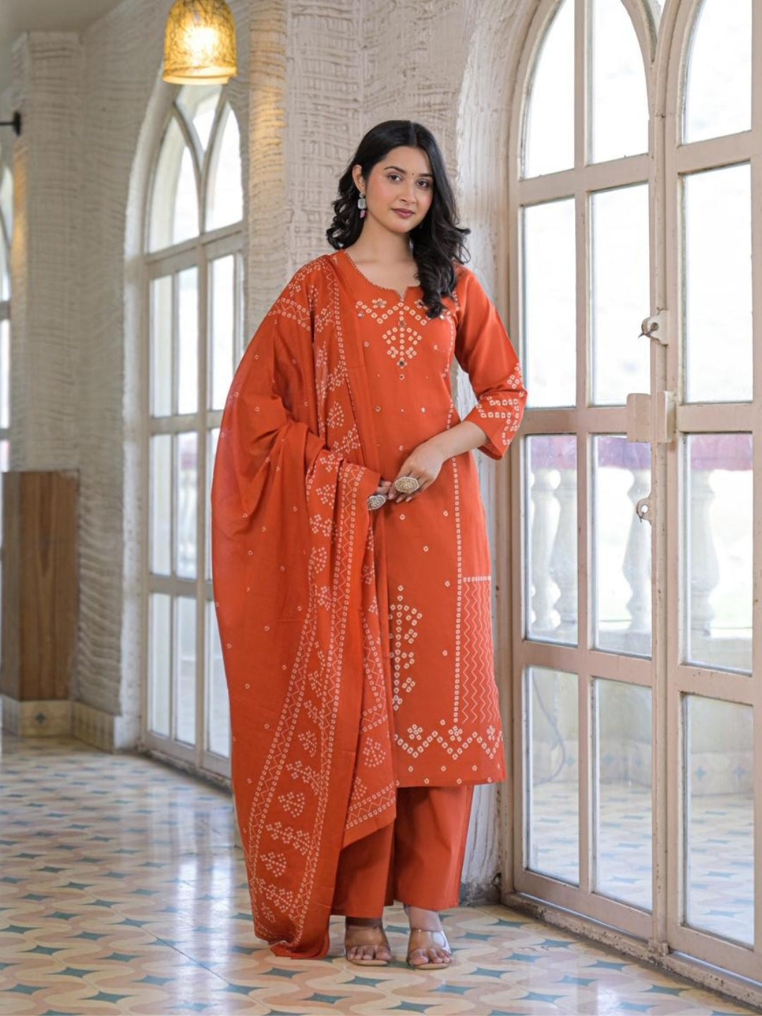 Rust Orange Cotton Panel Printed Kurta Set with Mirror Handwork and Dupatta