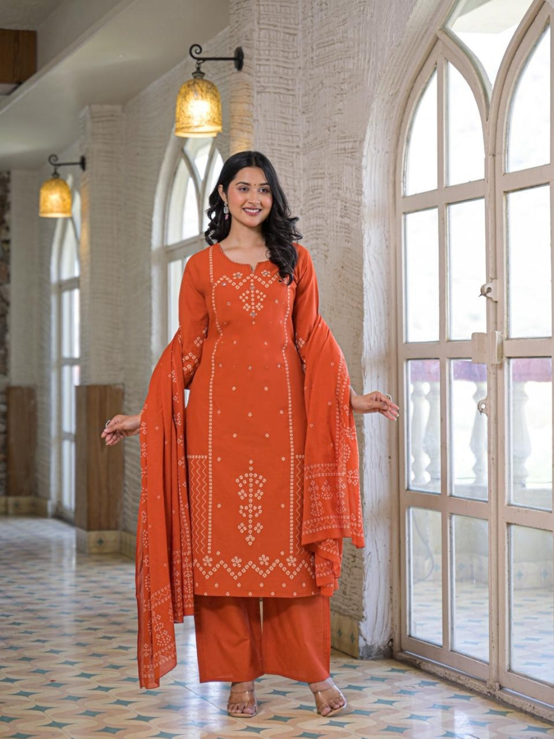 Rust Orange Cotton Panel Printed Kurta Set with Mirror Handwork and Dupatta