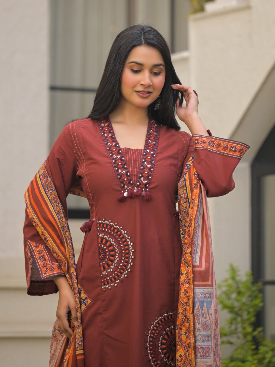 Rust Maroon Pure Cotton A-Line Kurta Set with Applique Work and Mirror Embroidery
