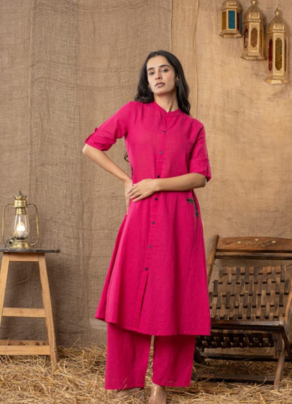 Magenta Cotton Slub Kurta Set with Grey Floral Embroidery