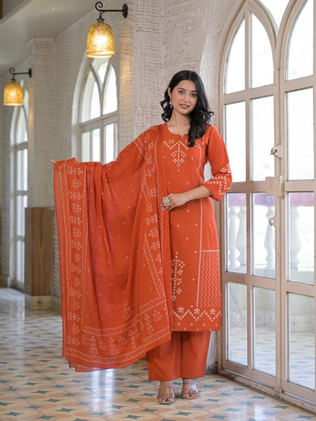 Rust Orange Cotton Panel Printed Kurta Set with Mirror Handwork and Dupatta
