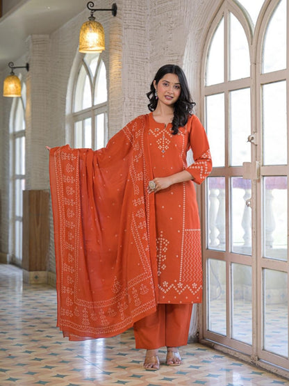 Rust Orange Cotton Panel Printed Kurta Set with Mirror Handwork and Dupatta