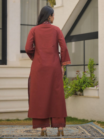 Rust Maroon Pure Cotton A-Line Kurta Set with Applique Work and Mirror Embroidery