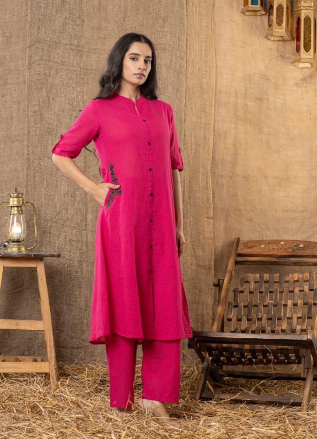 Magenta Cotton Slub Kurta Set with Grey Floral Embroidery