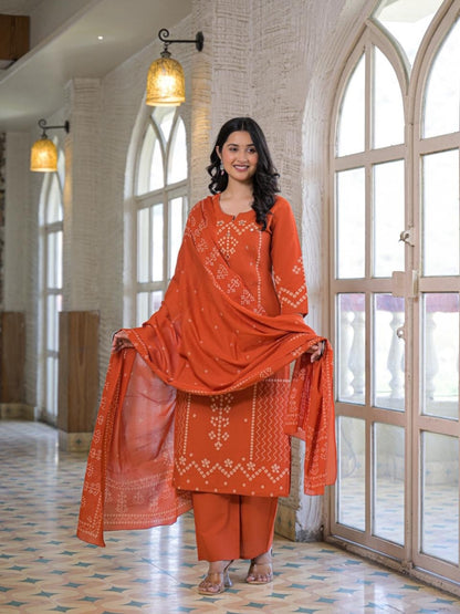 Rust Orange Cotton Panel Printed Kurta Set with Mirror Handwork and Dupatta