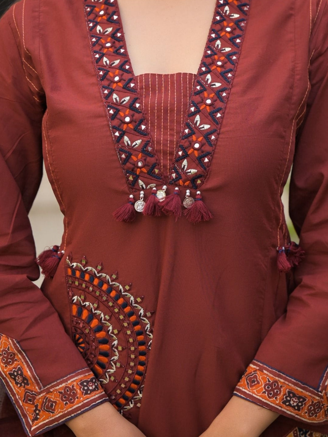 Rust Maroon Pure Cotton A-Line Kurta Set with Applique Work and Mirror Embroidery