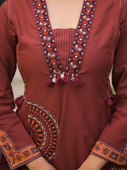 Rust Maroon Pure Cotton A-Line Kurta Set with Applique Work and Mirror Embroidery