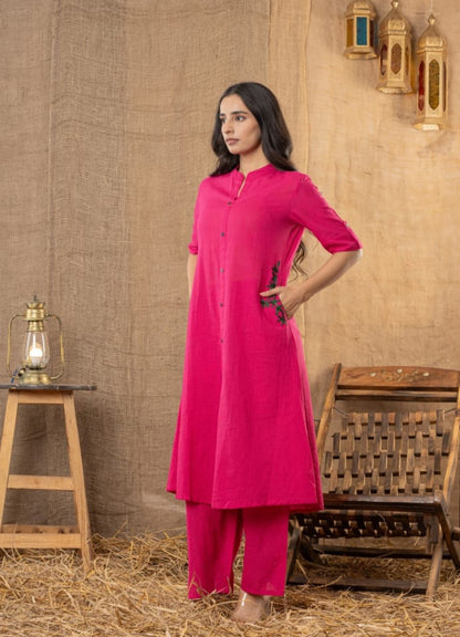 Magenta Cotton Slub Kurta Set with Grey Floral Embroidery