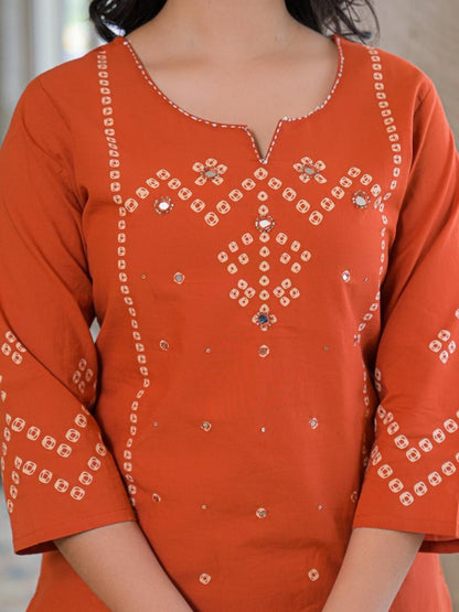 Rust Orange Cotton Panel Printed Kurta Set with Mirror Handwork and Dupatta