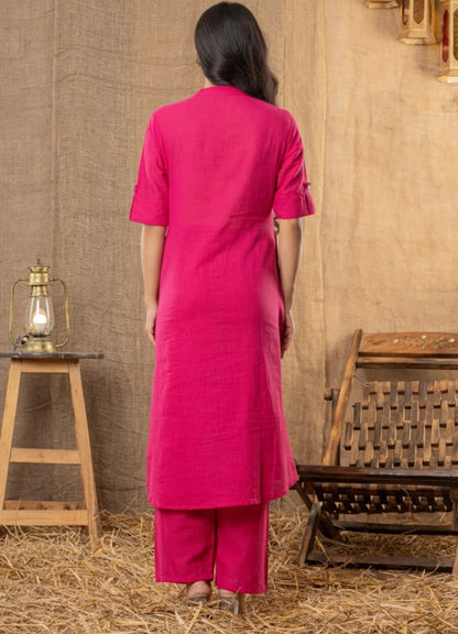 Magenta Cotton Slub Kurta Set with Grey Floral Embroidery