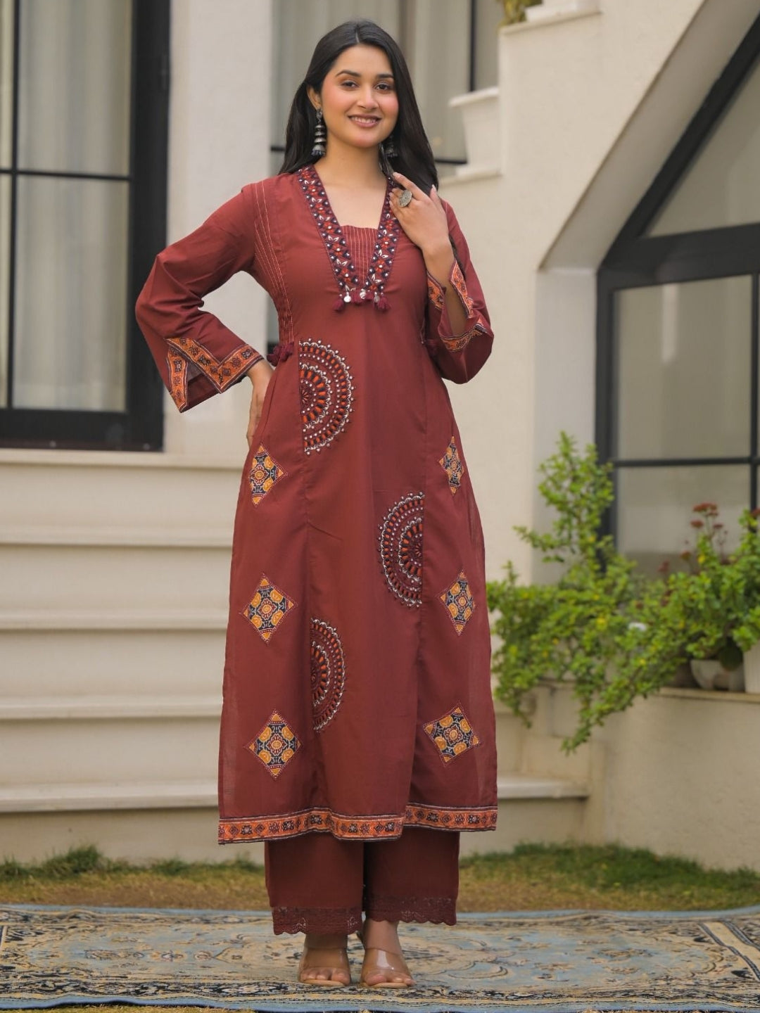 Rust Maroon Pure Cotton A-Line Kurta Set with Applique Work and Mirror Embroidery