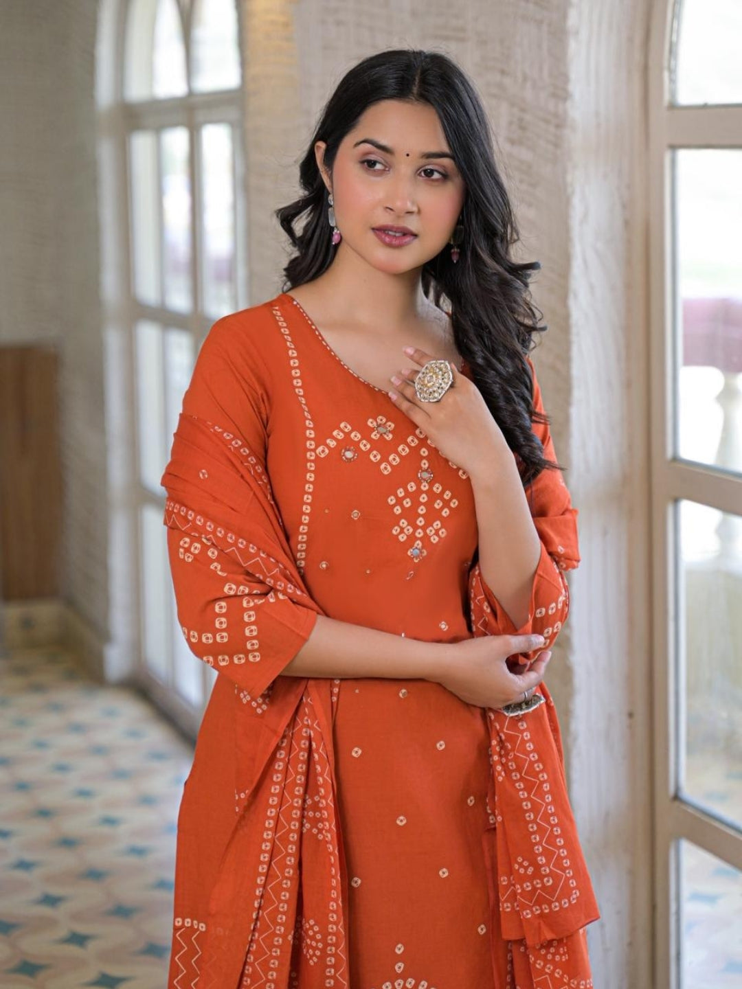 Rust Orange Cotton Panel Printed Kurta Set with Mirror Handwork and Dupatta