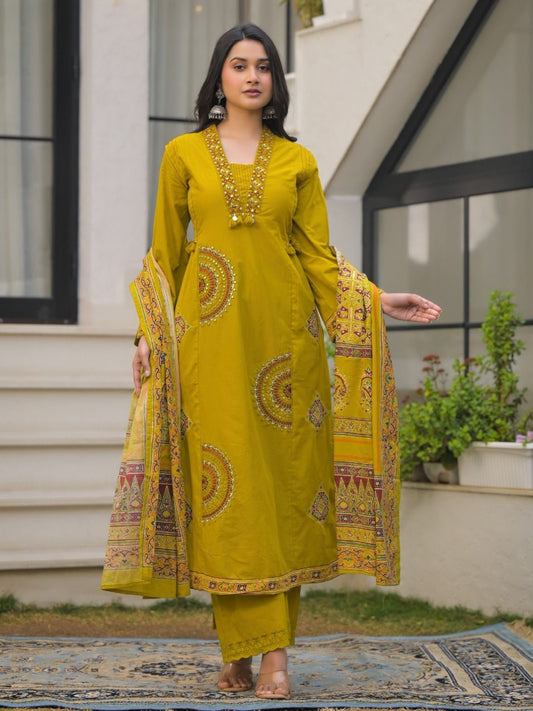Mustard Yellow Pure Cotton A-Line Kurta Set with Applique Work and Mirror Embroidery