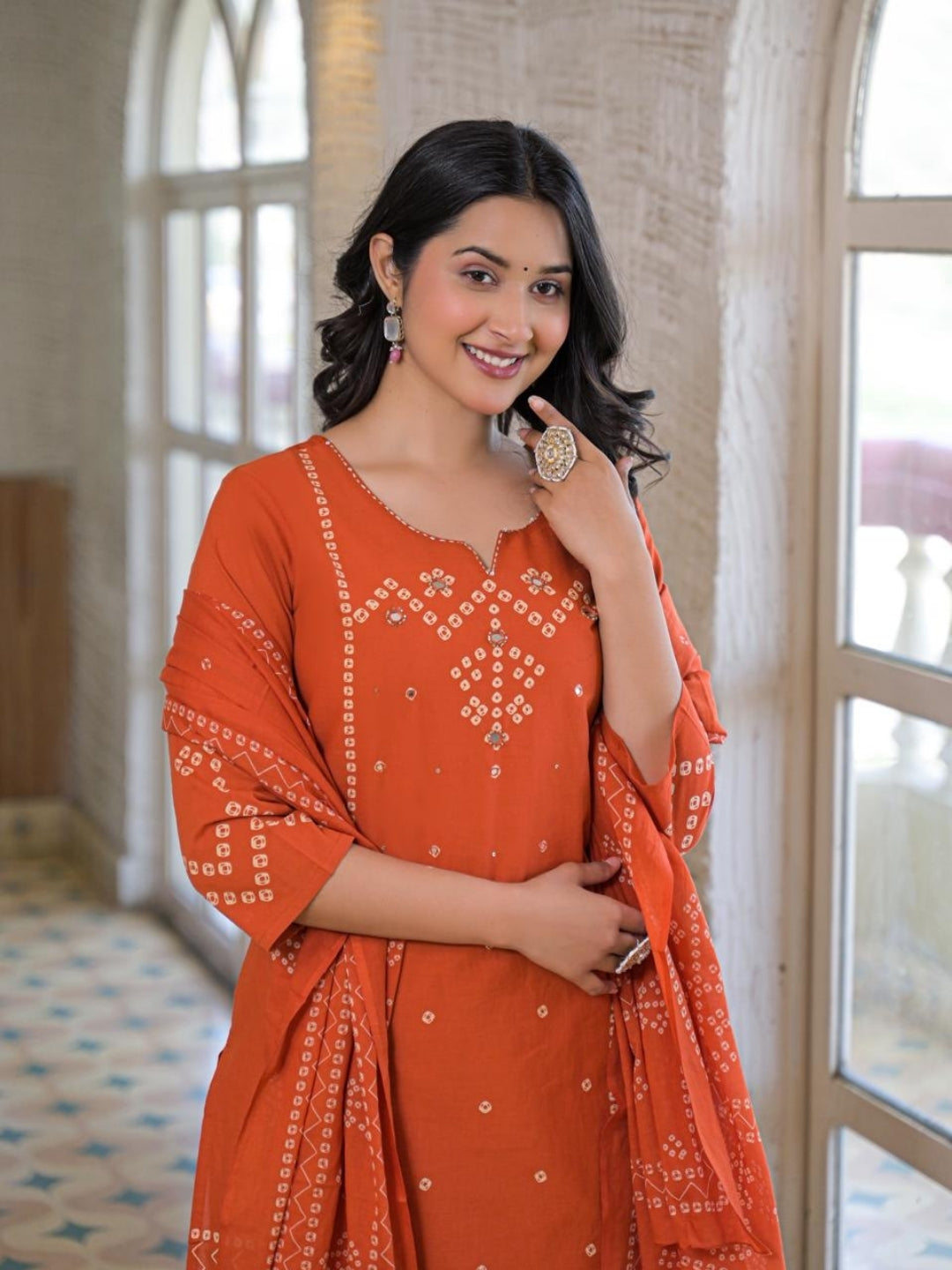 Rust Orange Cotton Panel Printed Kurta Set with Mirror Handwork and Dupatta