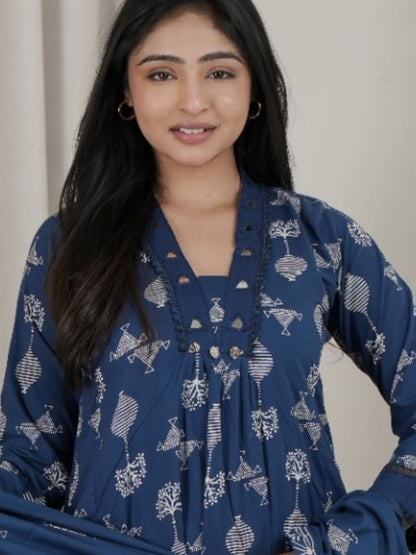 Indigo Blue Jaipuri Cotton A-Line Kurta Set with Ethnic Motifs