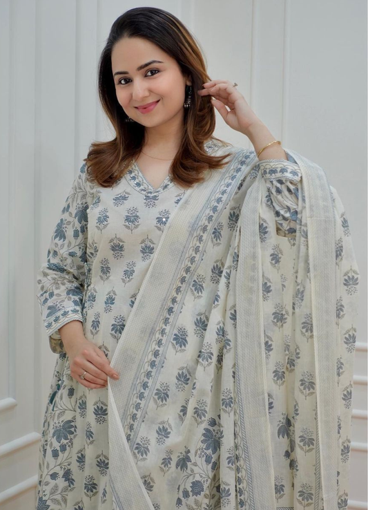 Cream Grey Cotton Afghani Suit Set with Floral Print – Ethnic Wear