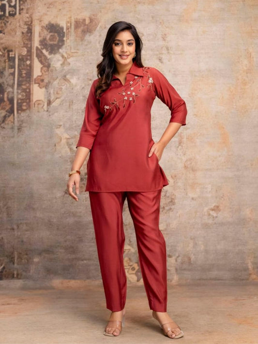 Brick Red Roman Silk Kurta Pant Set with Handcrafted Floral Embroidery