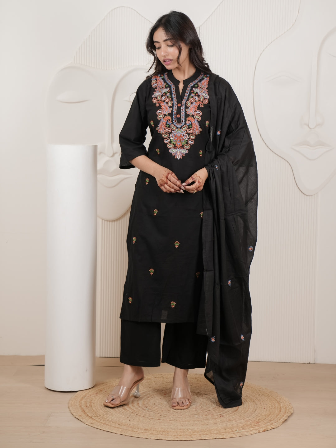 Black Embroidered Cotton Flex Kurta Palazzo Set with Dupatta