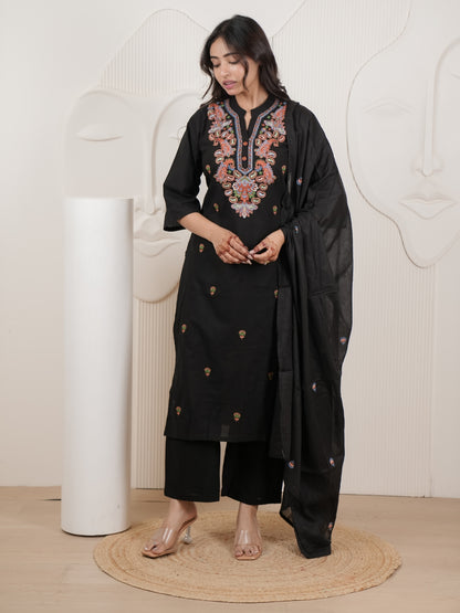 Black Embroidered Cotton Flex Kurta Palazzo Set with Dupatta