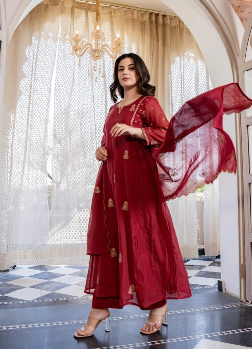 Maroon Mul Chanderi Embroidered Anarkali Suit Set with Dupatta – Festive & Occasion Wear