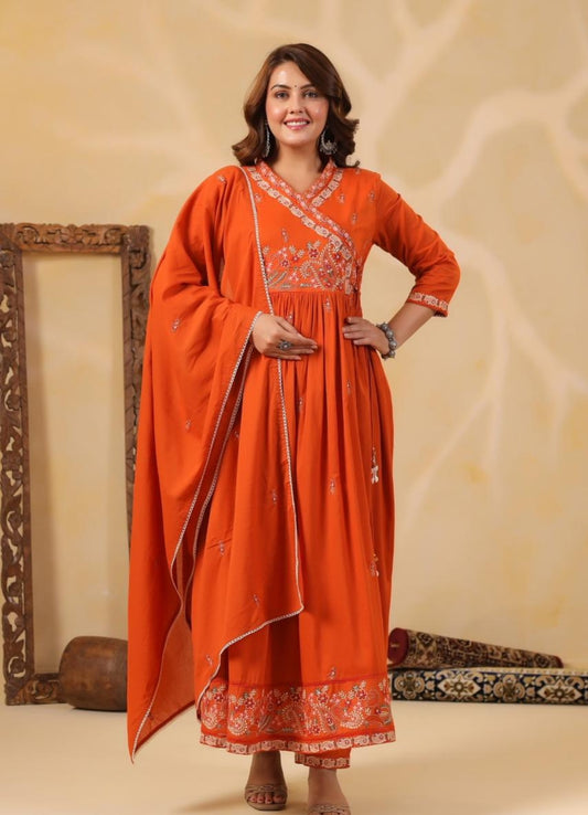 Rust Orange Mul Cotton Angarkha Suit Set with Embroidered Detailing – Ethnic Wear