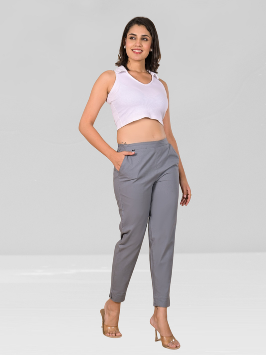 Grey Cotton Flex Pants with Side Pockets