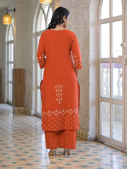 Rust Orange Cotton Panel Printed Kurta Set with Mirror Handwork and Dupatta
