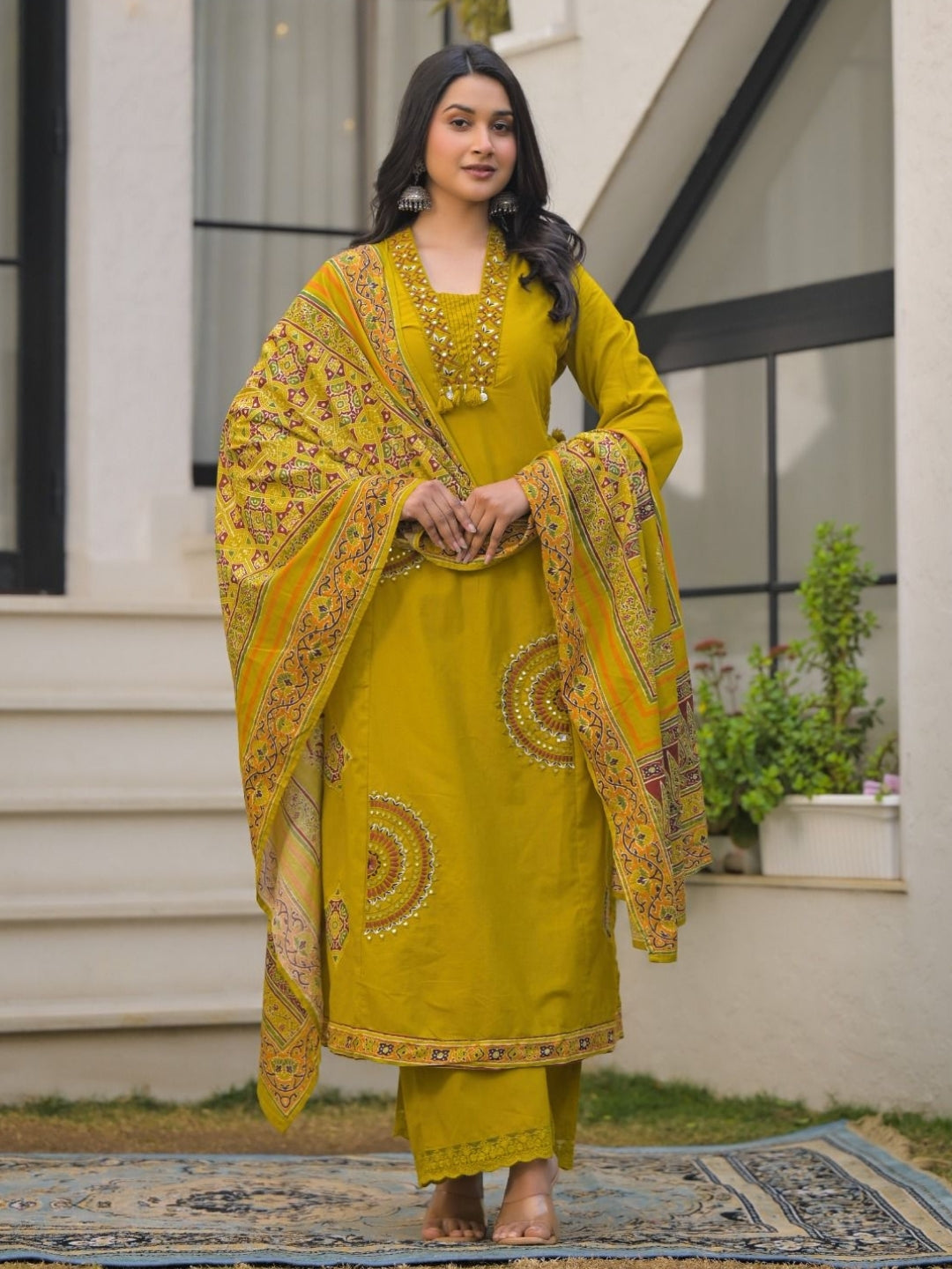 Mustard Yellow Pure Cotton A-Line Kurta Set with Applique Work and Mirror Embroidery