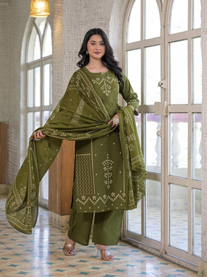 Olive Green Cotton Panel Printed Kurta Set with Mirror Handwork and Dupatta