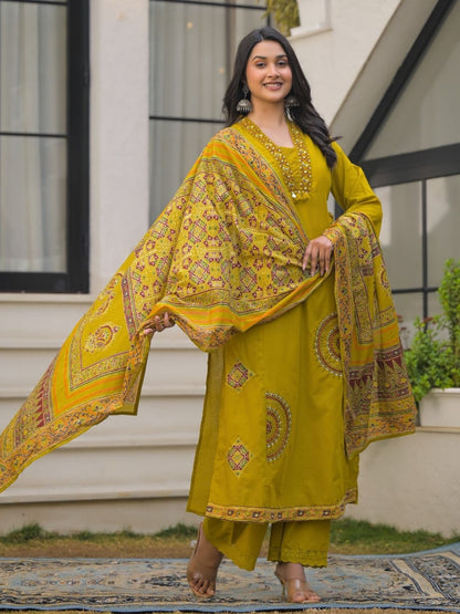 Mustard Yellow Pure Cotton A-Line Kurta Set with Applique Work and Mirror Embroidery