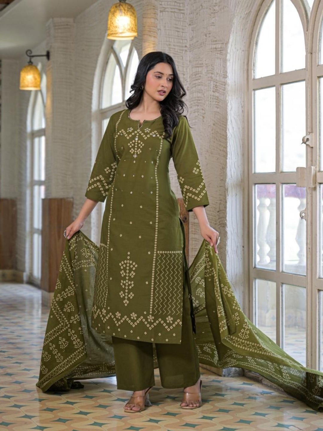 Olive Green Cotton Panel Printed Kurta Set with Mirror Handwork and Dupatta